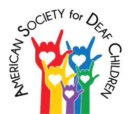 American Society for Deaf Children Logo of 5 hands in multiple colors all with their pinkie finger, pointer finger and thumb all sticking out and a heart on the back of the hand.