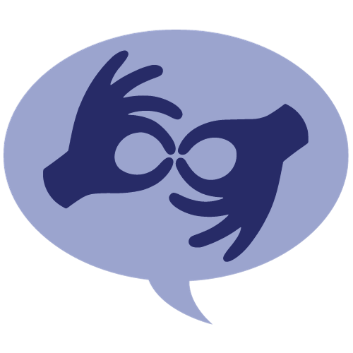 Two hands in a speech bubble indicating this program will have ASL interpretation.